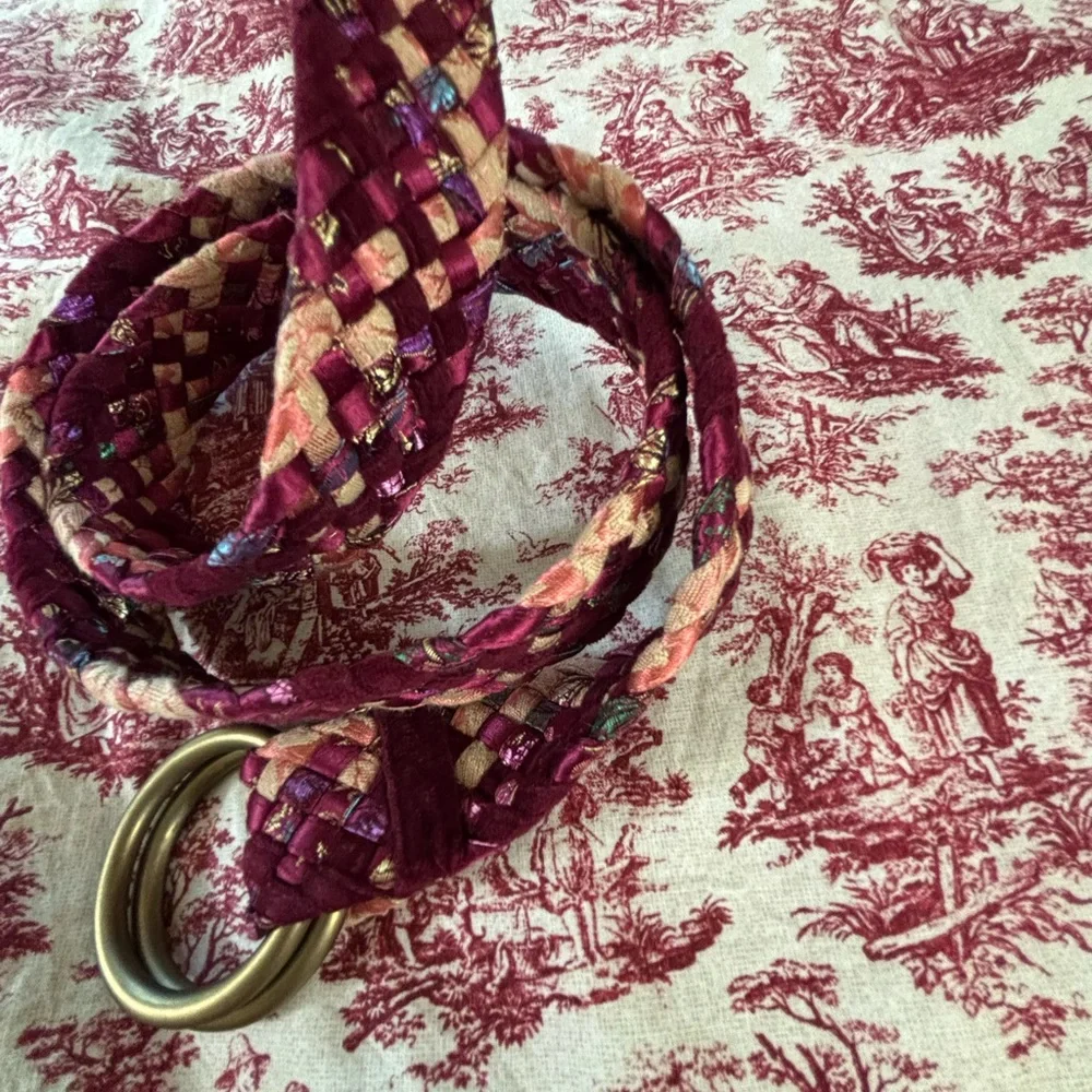 Large Upcycled Woven Boho Tapestry Textiles Belt, Dark Pinks, Double loop buckle